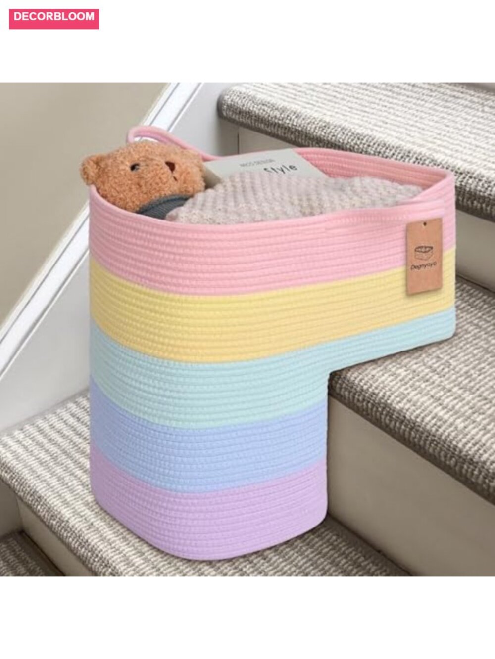 Foldable Cotton Rope Stair Basket with Handles, Storage Organizer for Kids Toys